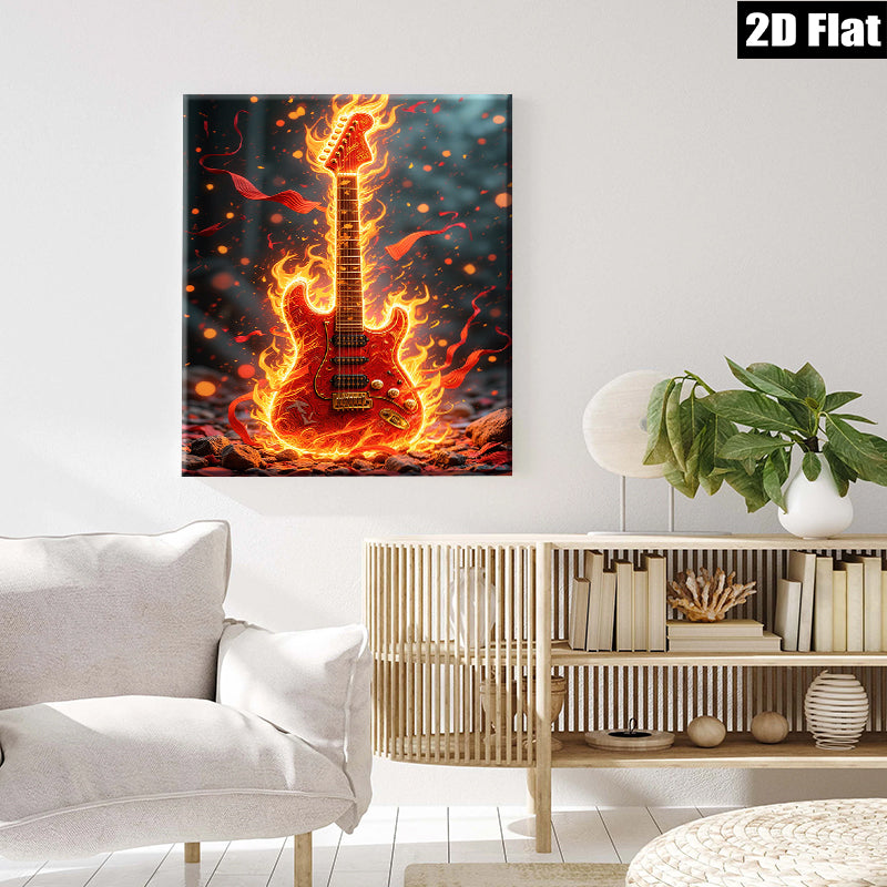 2D flat 1pc Fiery Electric Guitar Wall Art Canvas Prints Music Room Decor Living Room Artwork Modern Home Decorations Trending Now Gallery Wrapped Ready to Hang