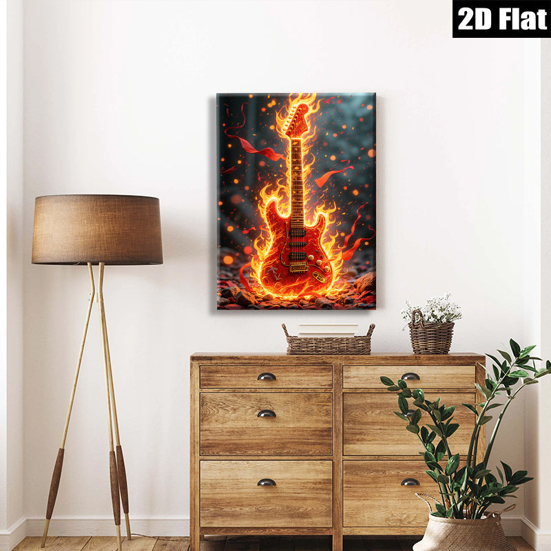 2D flat 1pc Fiery Electric Guitar Wall Art Canvas Prints Music Room Decor Living Room Artwork Modern Home Decorations Trending Now Gallery Wrapped Ready to Hang