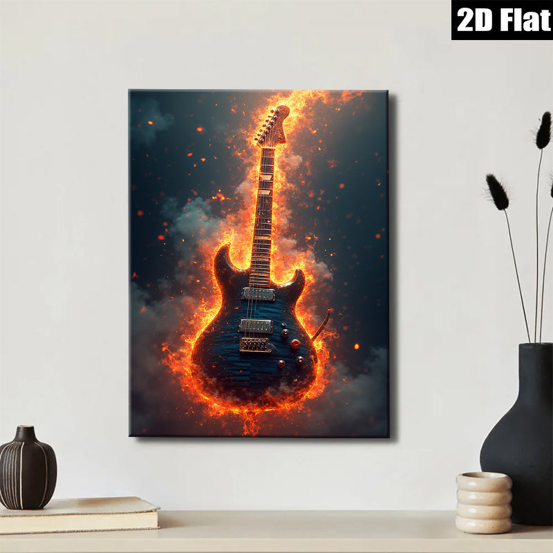 2D flat 1pc Fiery Electric Guitar Wall Art Canvas Prints Music Room Decor Living Room Bedroom Gallery Wrapped Modern Artwork Home Decorations Trending Now Gift Ideas