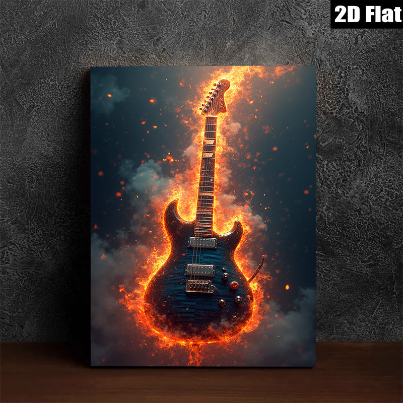 2D flat 1pc Fiery Electric Guitar Wall Art Canvas Prints Music Room Decor Living Room Bedroom Gallery Wrapped Modern Artwork Home Decorations Trending Now Gift Ideas
