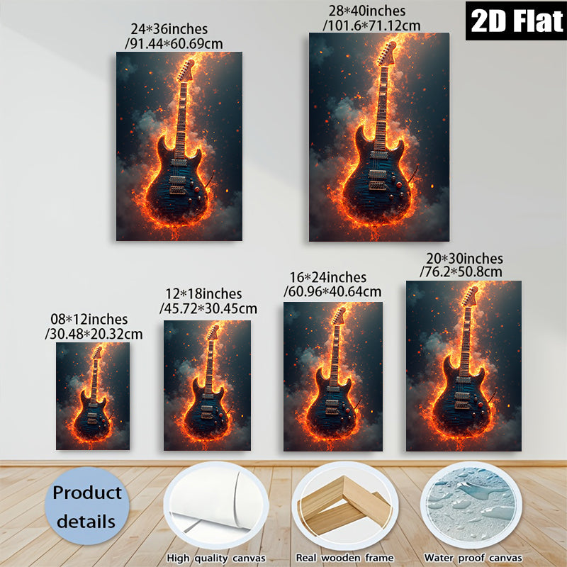2D flat 1pc Fiery Electric Guitar Wall Art Canvas Prints Music Room Decor Living Room Bedroom Gallery Wrapped Modern Artwork Home Decorations Trending Now Gift Ideas