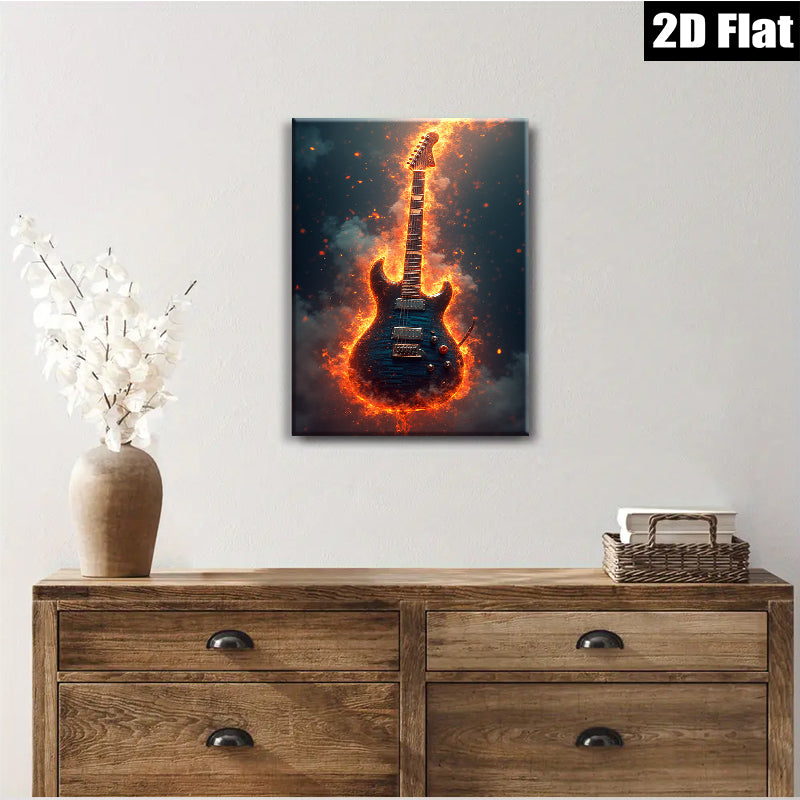 2D flat 1pc Fiery Electric Guitar Wall Art Canvas Prints Music Room Decor Living Room Bedroom Gallery Wrapped Modern Artwork Home Decorations Trending Now Gift Ideas