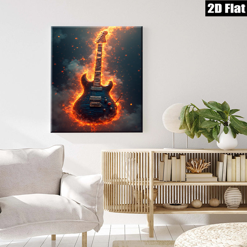 2D flat 1pc Fiery Electric Guitar Wall Art Canvas Prints Music Room Decor Living Room Bedroom Gallery Wrapped Modern Artwork Home Decorations Trending Now Gift Ideas