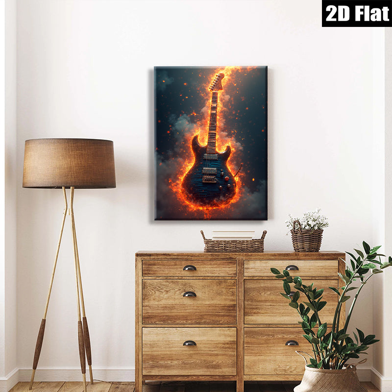 2D flat 1pc Fiery Electric Guitar Wall Art Canvas Prints Music Room Decor Living Room Bedroom Gallery Wrapped Modern Artwork Home Decorations Trending Now Gift Ideas