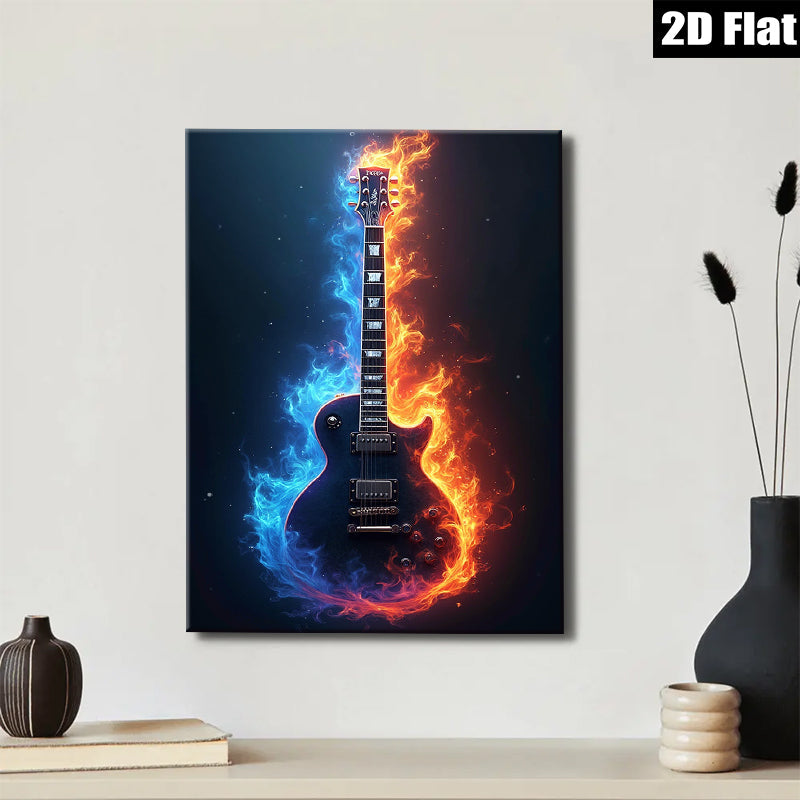 2D flat 1pc Fiery Electric Guitar Wall Art Music Room Decor Boys Bedroom Canvas Prints Living Room Artwork Modern Home Decorations Trending Now Stylish Gift Idea
