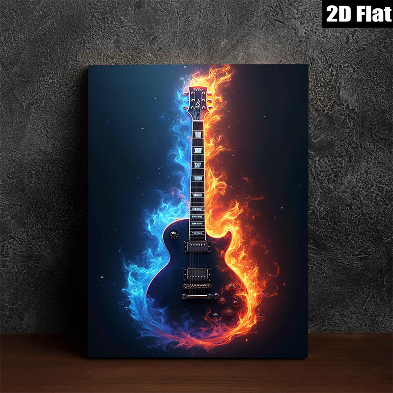 2D flat 1pc Fiery Electric Guitar Wall Art Music Room Decor Boys Bedroom Canvas Prints Living Room Artwork Modern Home Decorations Trending Now Stylish Gift Idea