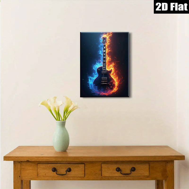 2D flat 1pc Fiery Electric Guitar Wall Art Music Room Decor Boys Bedroom Canvas Prints Living Room Artwork Modern Home Decorations Trending Now Stylish Gift Idea