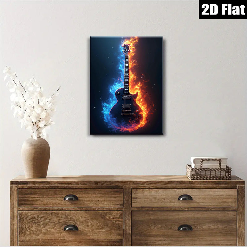 2D flat 1pc Fiery Electric Guitar Wall Art Music Room Decor Boys Bedroom Canvas Prints Living Room Artwork Modern Home Decorations Trending Now Stylish Gift Idea