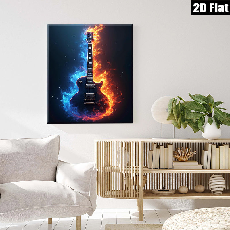 2D flat 1pc Fiery Electric Guitar Wall Art Music Room Decor Boys Bedroom Canvas Prints Living Room Artwork Modern Home Decorations Trending Now Stylish Gift Idea