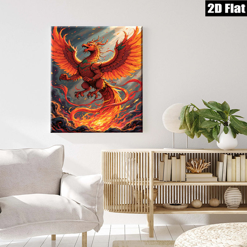 2D flat 1pc Fiery Phoenix Rising Mythical Bird Wall Art Decor Living Room Bedroom Canvas Prints Modern Farmhouse Aesthetic Home Decoration Gallery Wrapped Artwork