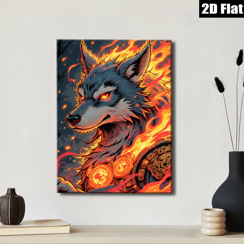 2D flat 1pc Fiery Wolf Portrait Canvas Wall Art for Living Room Bedroom Decor Modern Farmhouse Rustic Gallery Wrapped Prints Trending Now