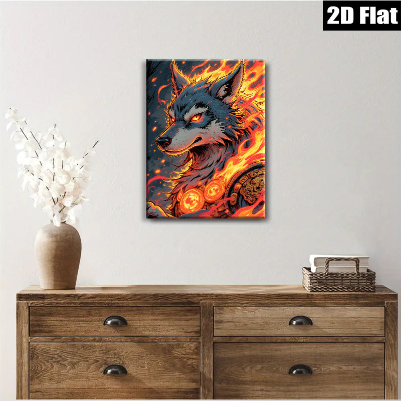 2D flat 1pc Fiery Wolf Portrait Canvas Wall Art for Living Room Bedroom Decor Modern Farmhouse Rustic Gallery Wrapped Prints Trending Now