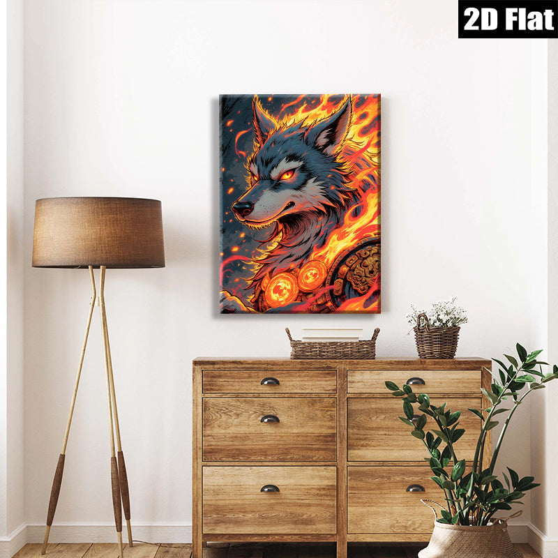 2D flat 1pc Fiery Wolf Portrait Canvas Wall Art for Living Room Bedroom Decor Modern Farmhouse Rustic Gallery Wrapped Prints Trending Now