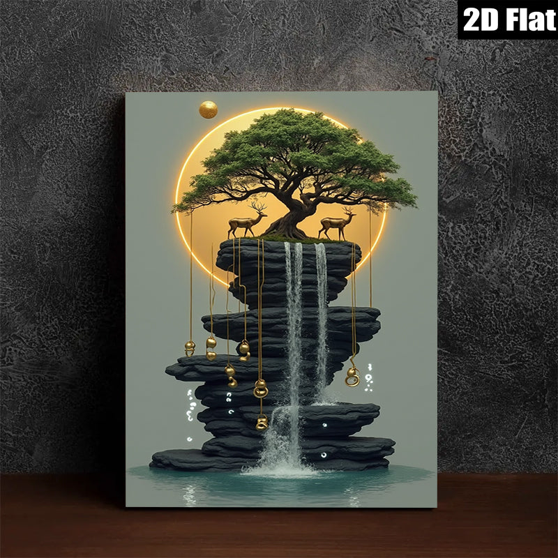 2D flat 1pc Floating Forest Serene Waterfall Canvas Wall Art Decor for Living Room Bedroom Modern Farmhouse Gallery Wrapped Ready to Hang Botanical Nature
