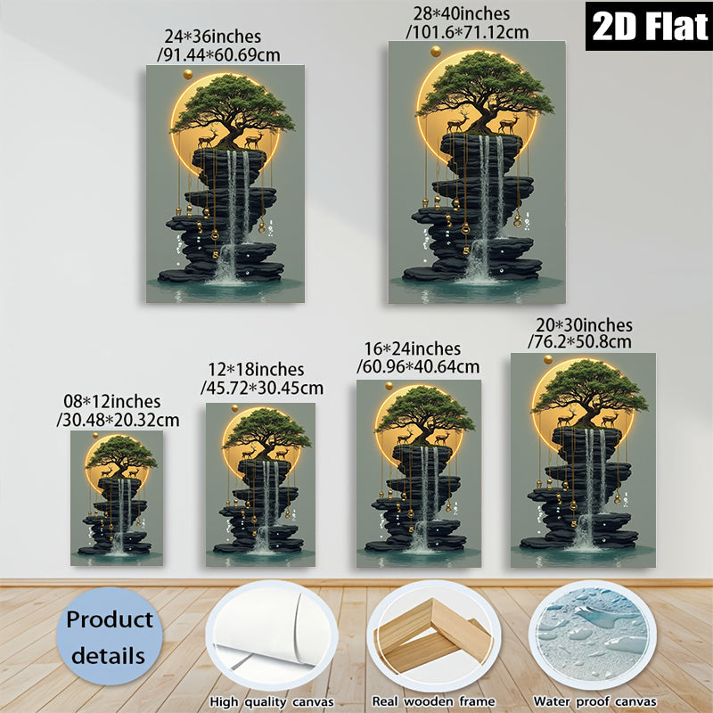 2D flat 1pc Floating Forest Serene Waterfall Canvas Wall Art Decor for Living Room Bedroom Modern Farmhouse Gallery Wrapped Ready to Hang Botanical Nature