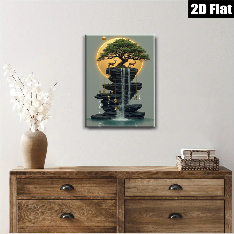 2D flat 1pc Floating Forest Serene Waterfall Canvas Wall Art Decor for Living Room Bedroom Modern Farmhouse Gallery Wrapped Ready to Hang Botanical Nature
