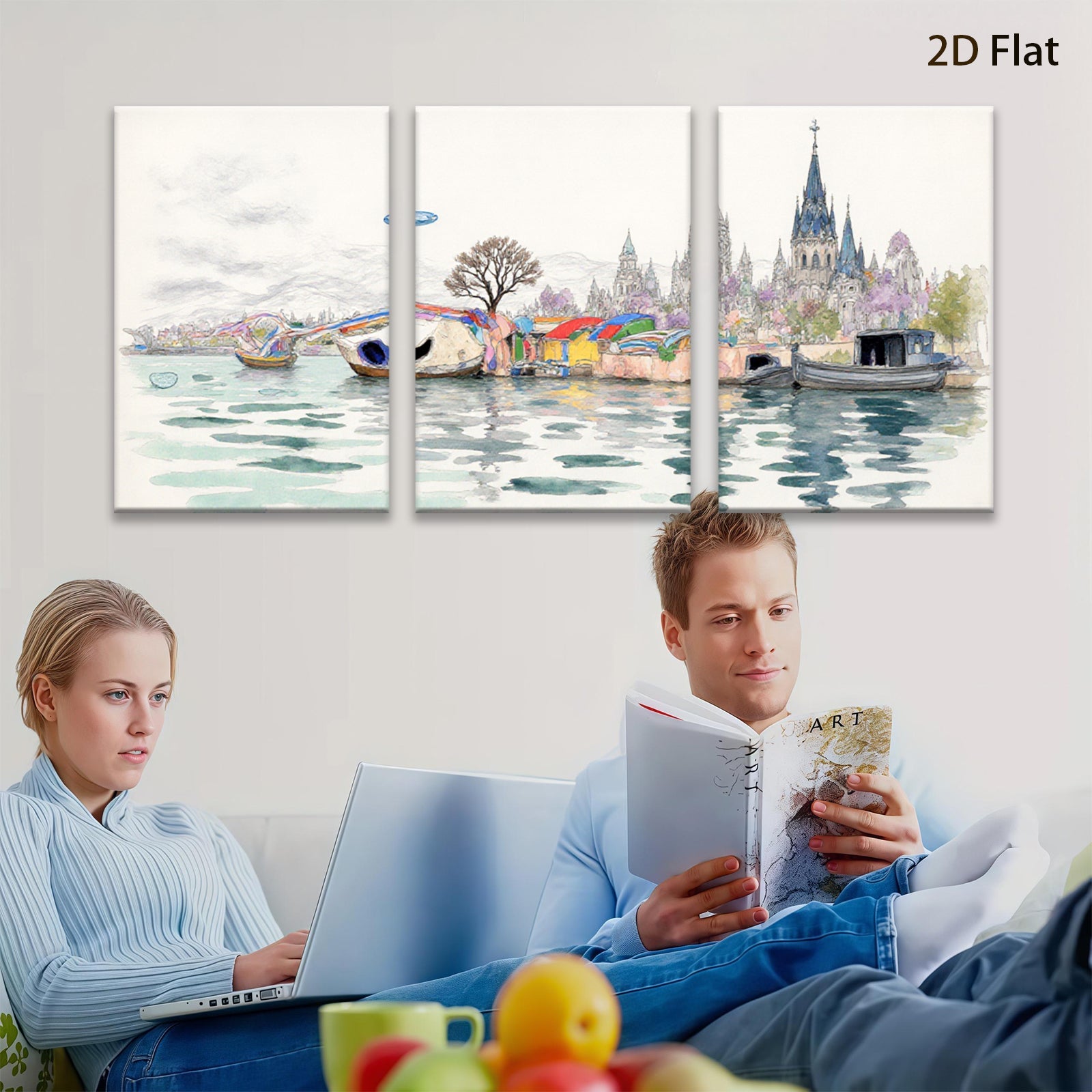 2D flat 1pc Floating Homes Lakeside Cityscape Wall Art for Living Room Bedroom Home Decor Modern Farmhouse Style Canvas Prints Ready to Hang