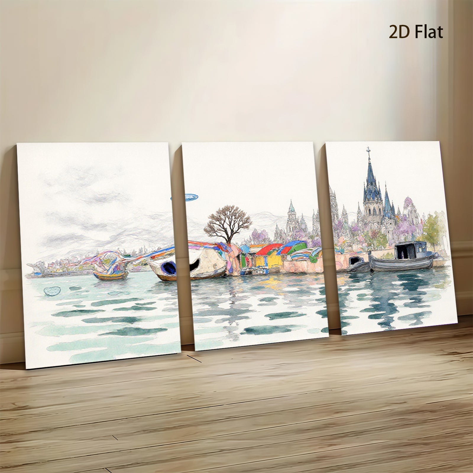 2D flat 1pc Floating Homes Lakeside Cityscape Wall Art for Living Room Bedroom Home Decor Modern Farmhouse Style Canvas Prints Ready to Hang