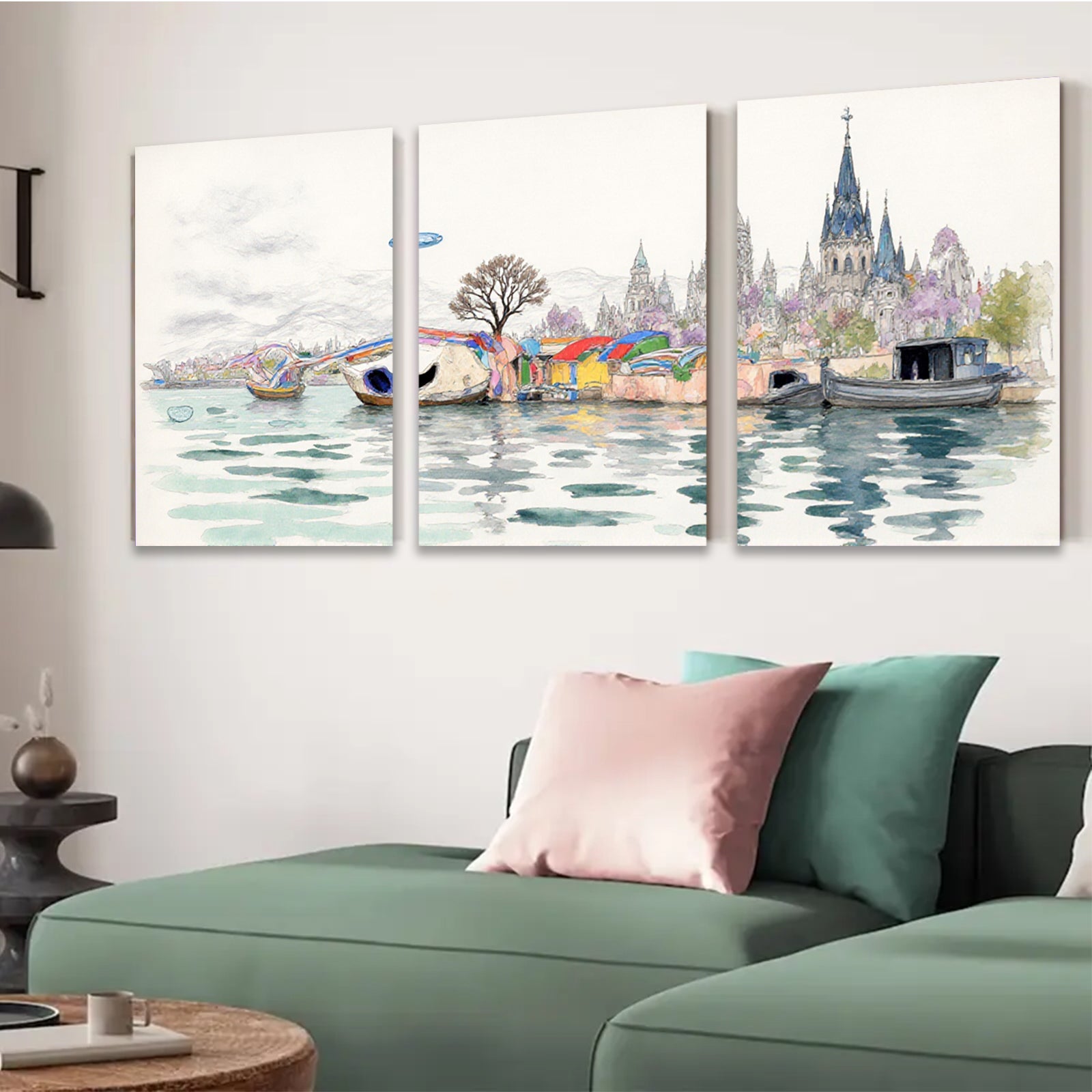 2D flat 1pc Floating Homes Lakeside Cityscape Wall Art for Living Room Bedroom Home Decor Modern Farmhouse Style Canvas Prints Ready to Hang