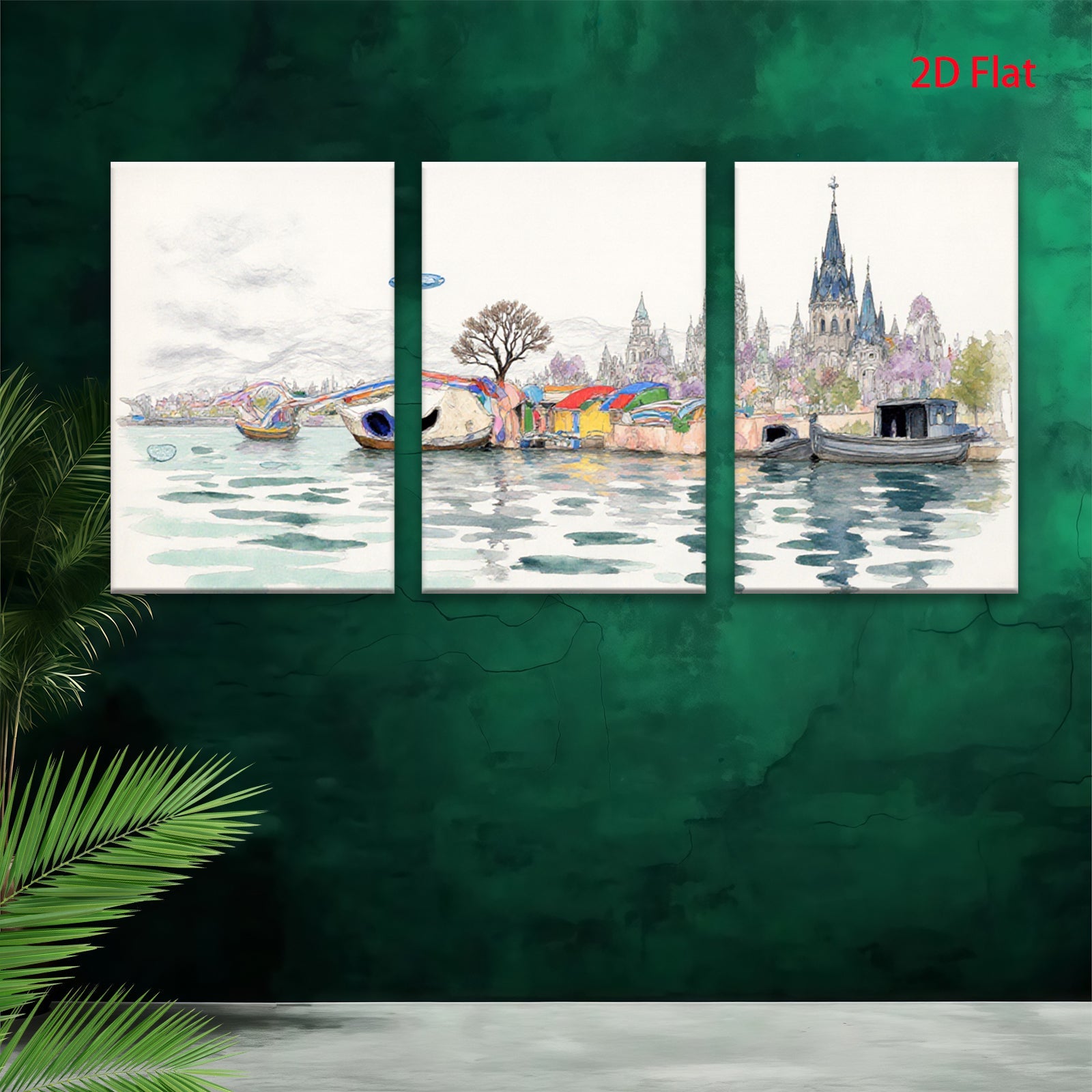 2D flat 1pc Floating Homes Lakeside Cityscape Wall Art for Living Room Bedroom Home Decor Modern Farmhouse Style Canvas Prints Ready to Hang