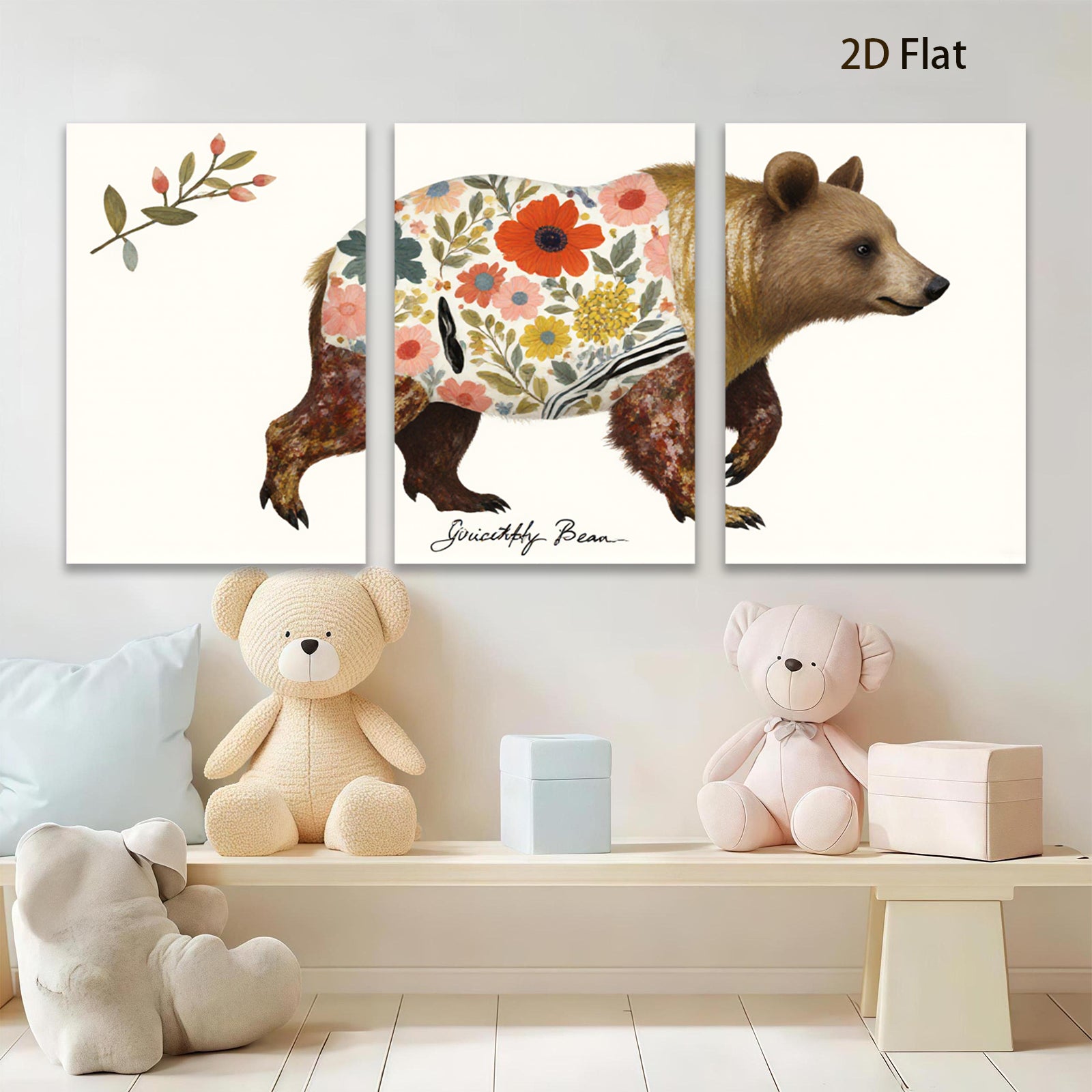 2D flat 1pc Floral Bear Wildlife Painting Canvas Art Prints for Living Room Bedroom Home Wall Decor Farmhouse Style Modern Rustic Gallery Wrapped