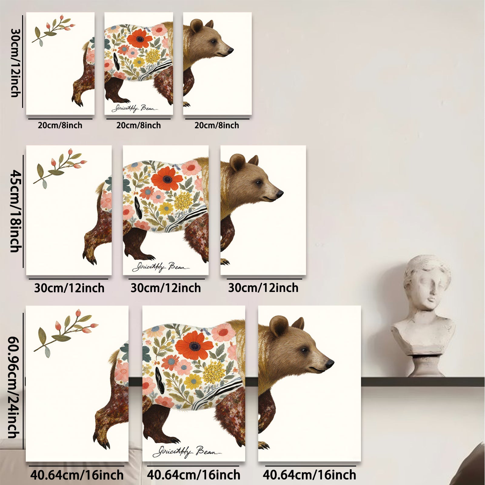 2D flat 1pc Floral Bear Wildlife Painting Canvas Art Prints for Living Room Bedroom Home Wall Decor Farmhouse Style Modern Rustic Gallery Wrapped