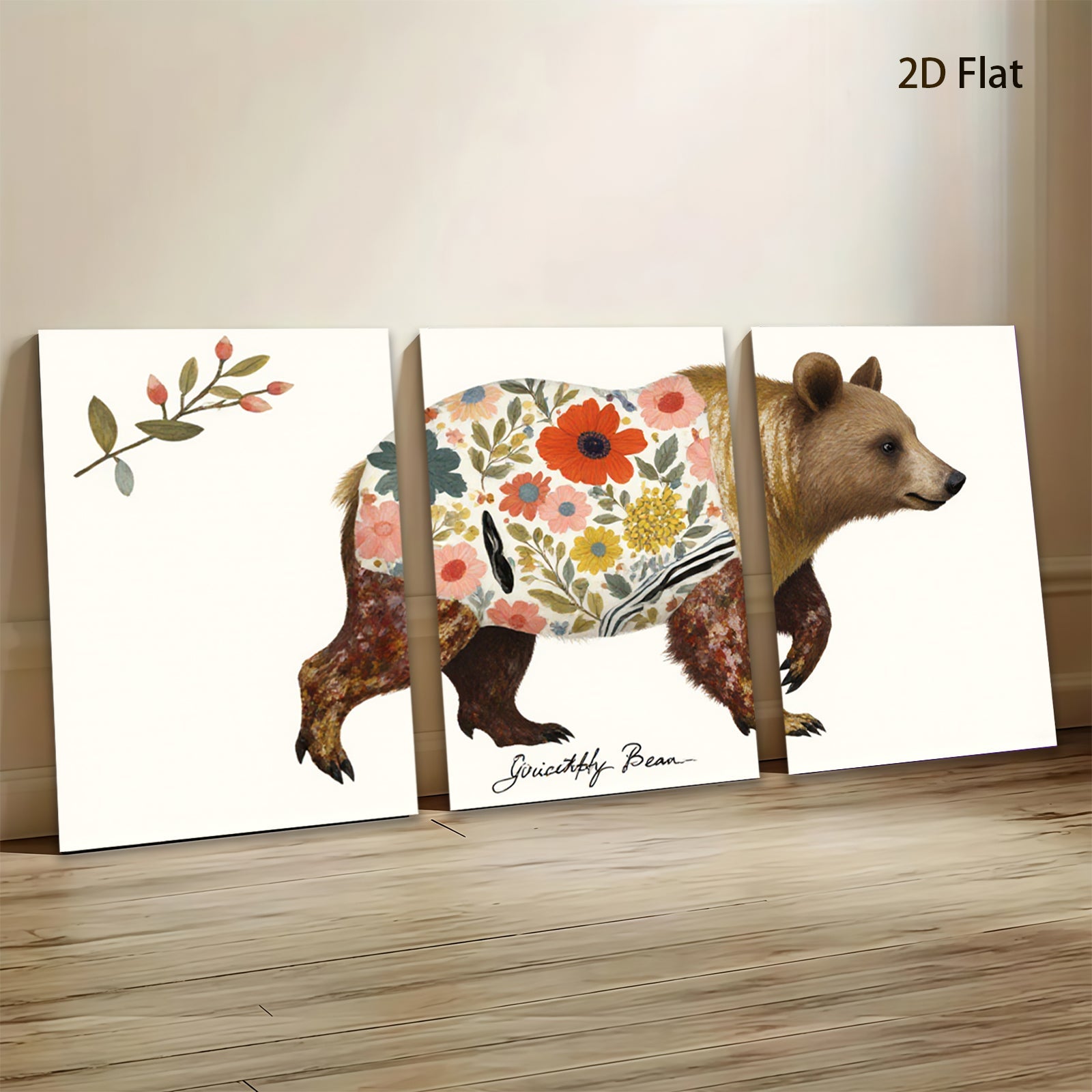 2D flat 1pc Floral Bear Wildlife Painting Canvas Art Prints for Living Room Bedroom Home Wall Decor Farmhouse Style Modern Rustic Gallery Wrapped
