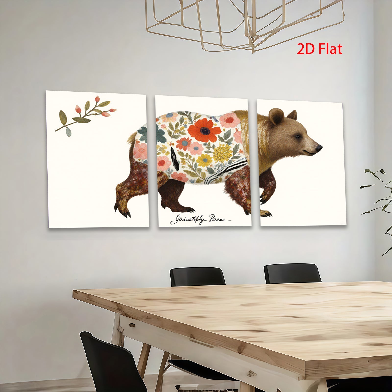 2D flat 1pc Floral Bear Wildlife Painting Canvas Art Prints for Living Room Bedroom Home Wall Decor Farmhouse Style Modern Rustic Gallery Wrapped