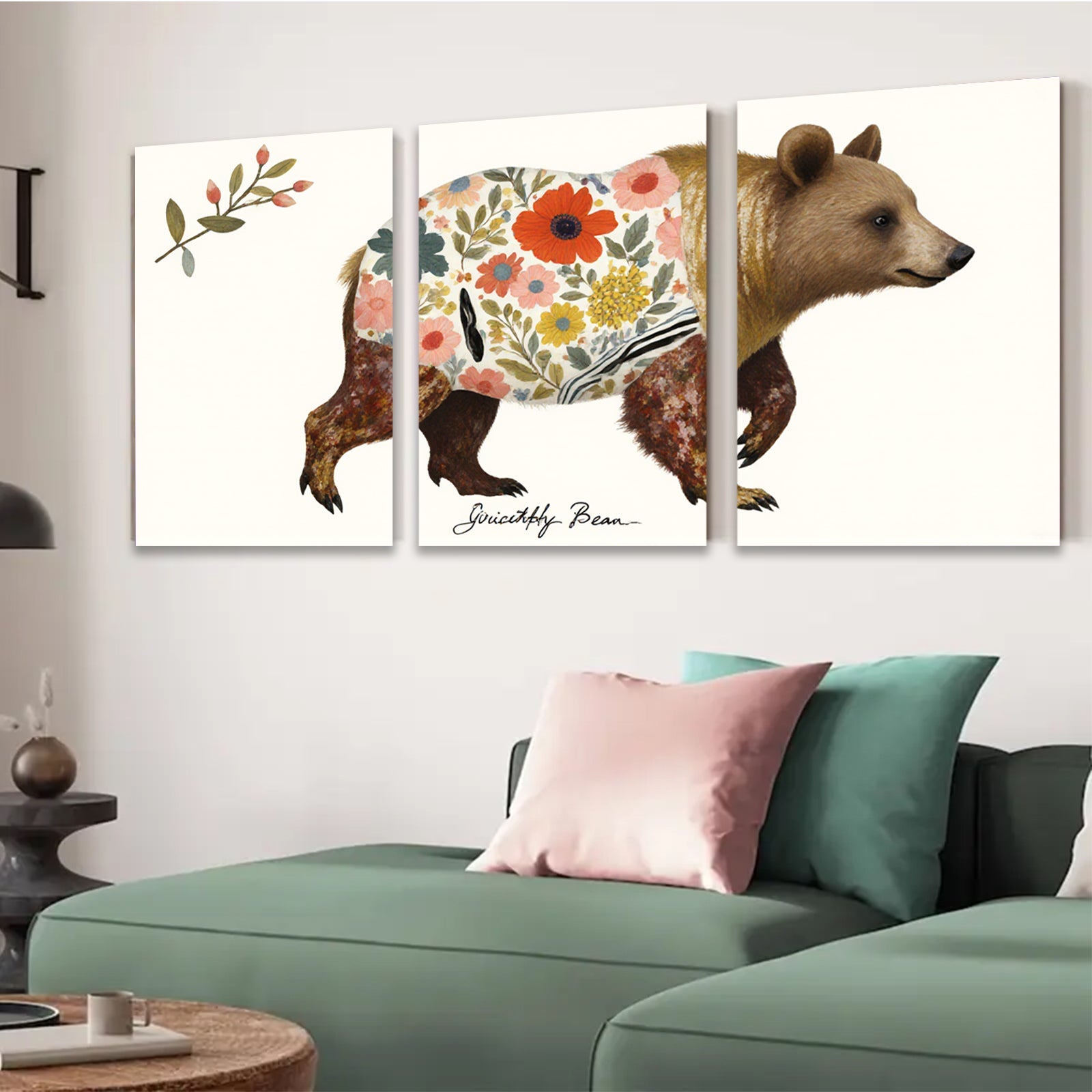 2D flat 1pc Floral Bear Wildlife Painting Canvas Art Prints for Living Room Bedroom Home Wall Decor Farmhouse Style Modern Rustic Gallery Wrapped