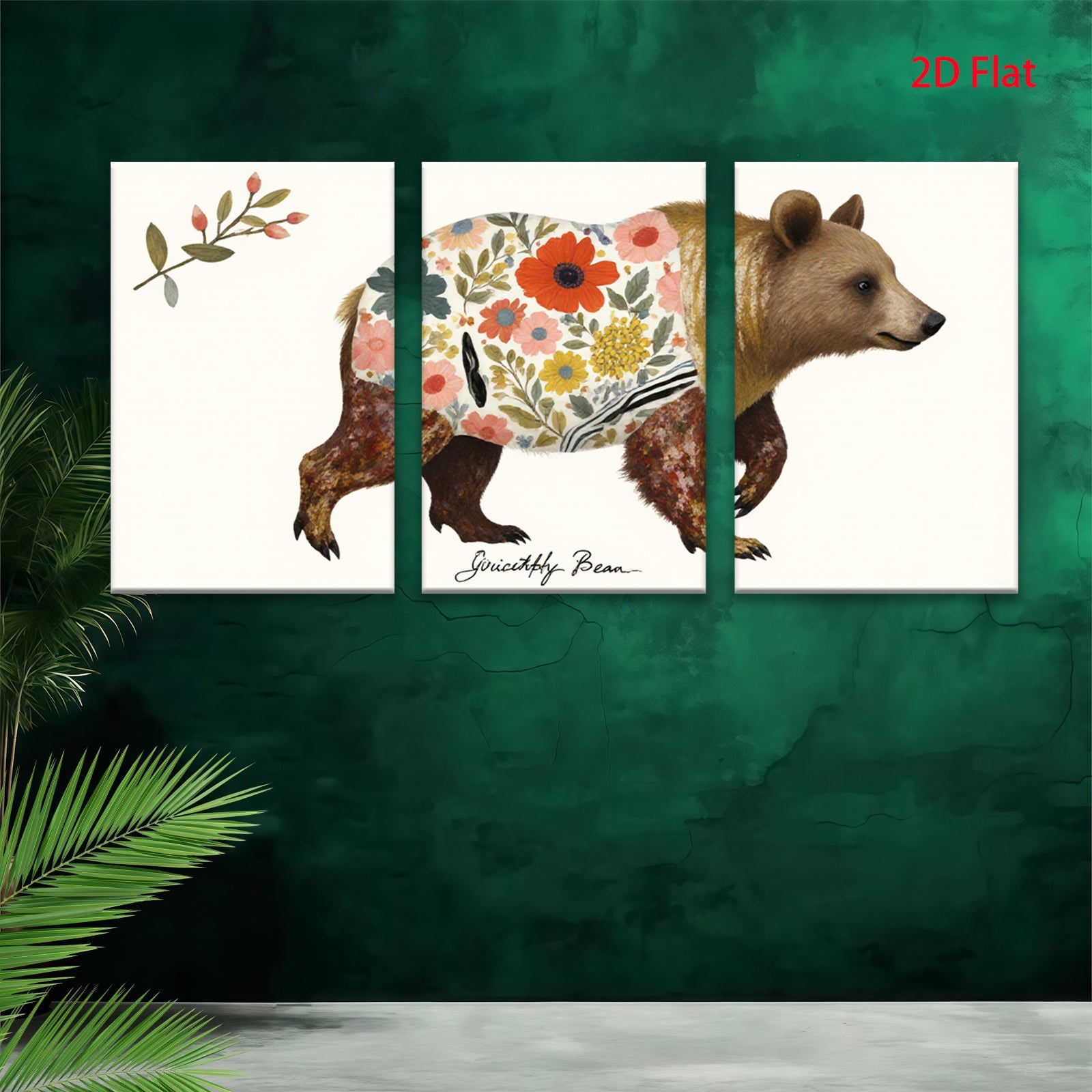 2D flat 1pc Floral Bear Wildlife Painting Canvas Art Prints for Living Room Bedroom Home Wall Decor Farmhouse Style Modern Rustic Gallery Wrapped