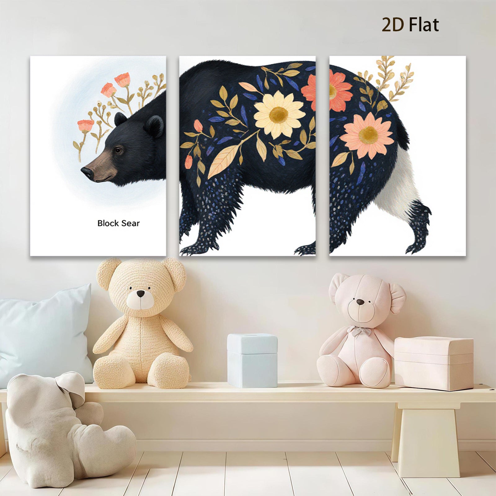 2D flat 1pc Floral Black Bear Painting Wild Animal Art Modern Farmhouse Decor Living Room Bedroom Wall Art Canvas Prints Cozy Rustic Home D��cor