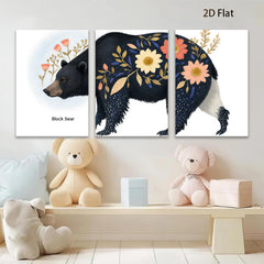 2D flat 1pc Floral Black Bear Painting Wild Animal Art Modern Farmhouse Decor Living Room Bedroom Wall Art Canvas Prints Cozy Rustic Home D��cor