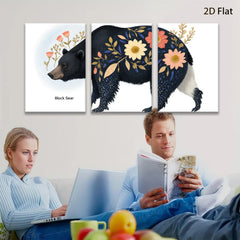 2D flat 1pc Floral Black Bear Painting Wild Animal Art Modern Farmhouse Decor Living Room Bedroom Wall Art Canvas Prints Cozy Rustic Home D��cor