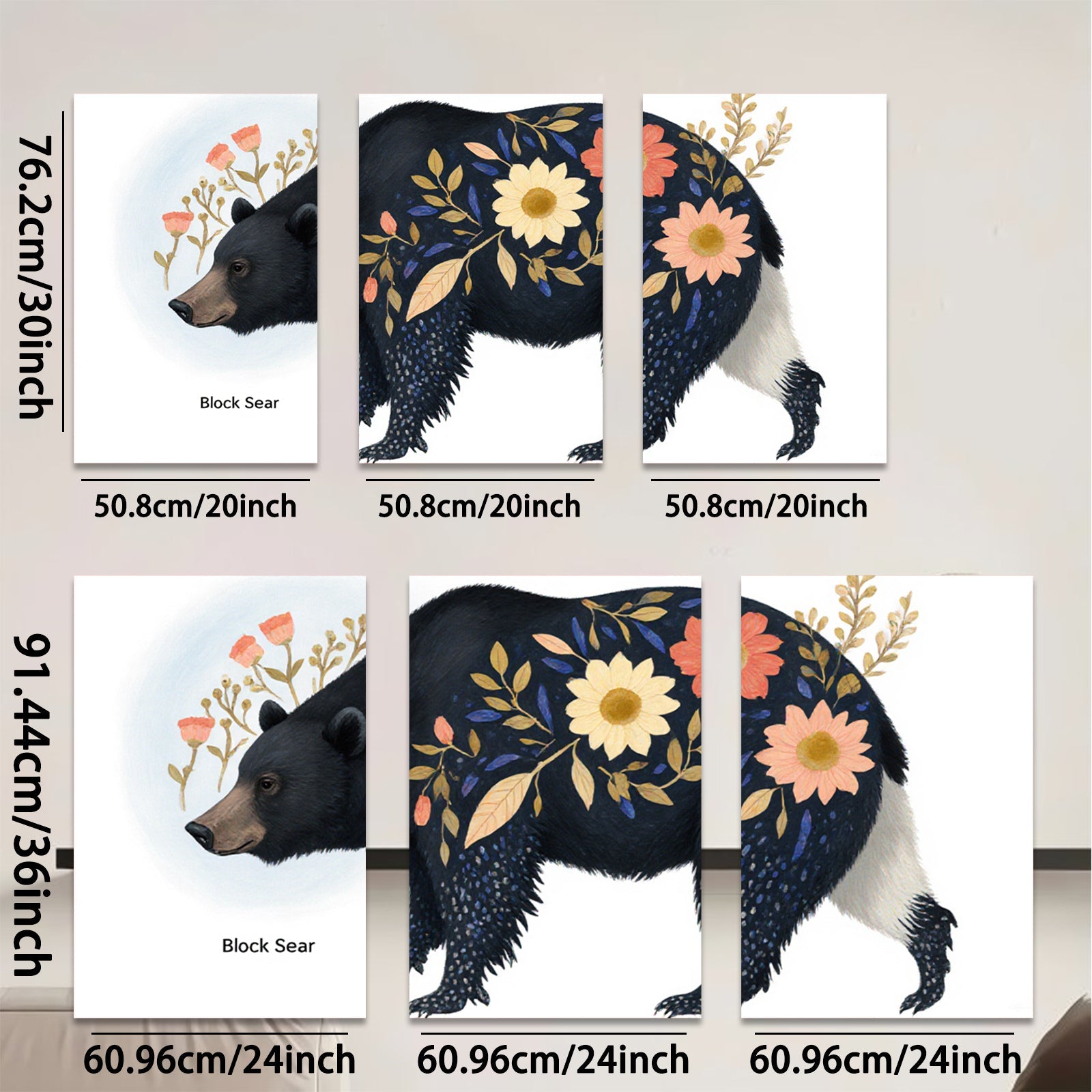 2D flat 1pc Floral Black Bear Painting Wild Animal Art Modern Farmhouse Decor Living Room Bedroom Wall Art Canvas Prints Cozy Rustic Home D��cor