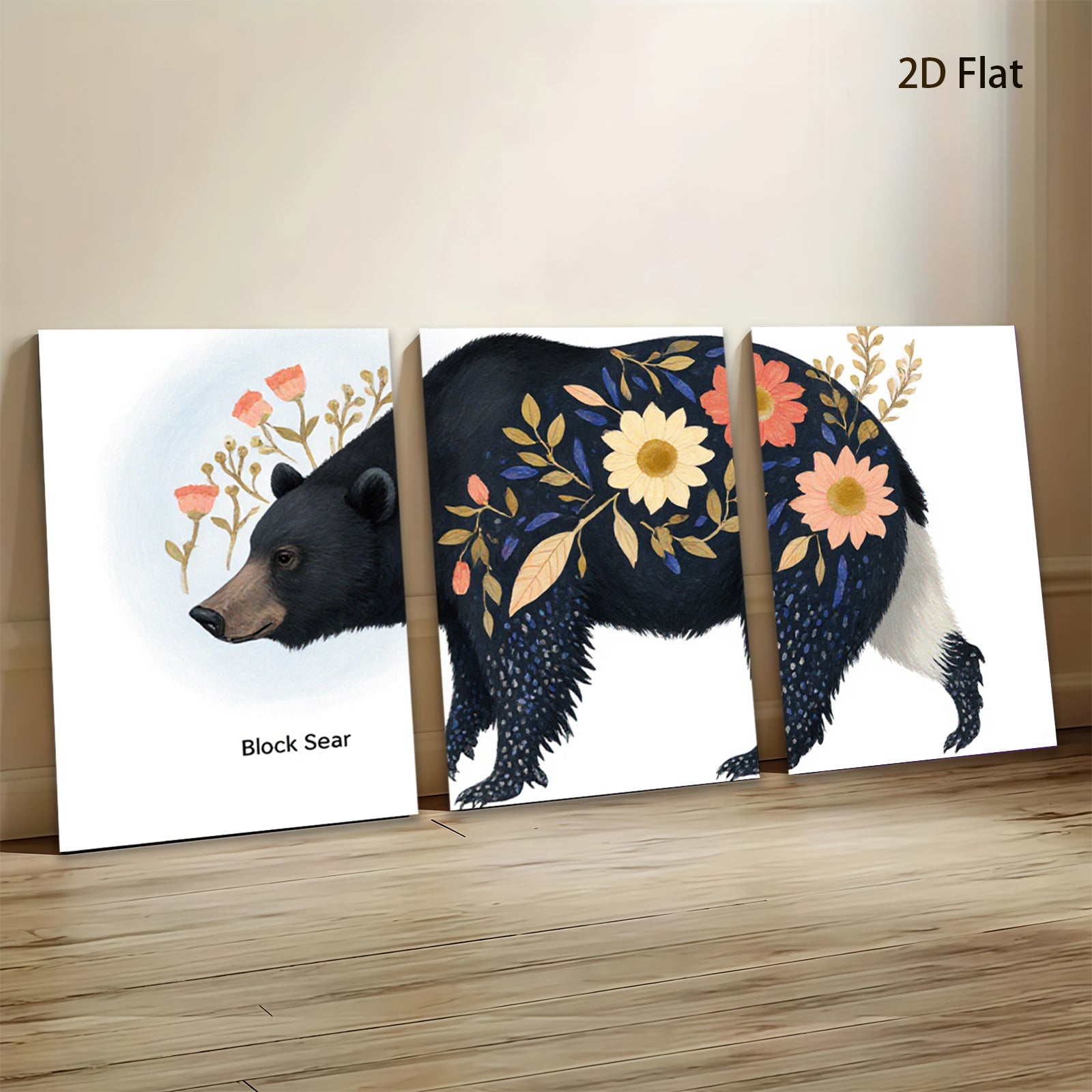 2D flat 1pc Floral Black Bear Painting Wild Animal Art Modern Farmhouse Decor Living Room Bedroom Wall Art Canvas Prints Cozy Rustic Home D��cor