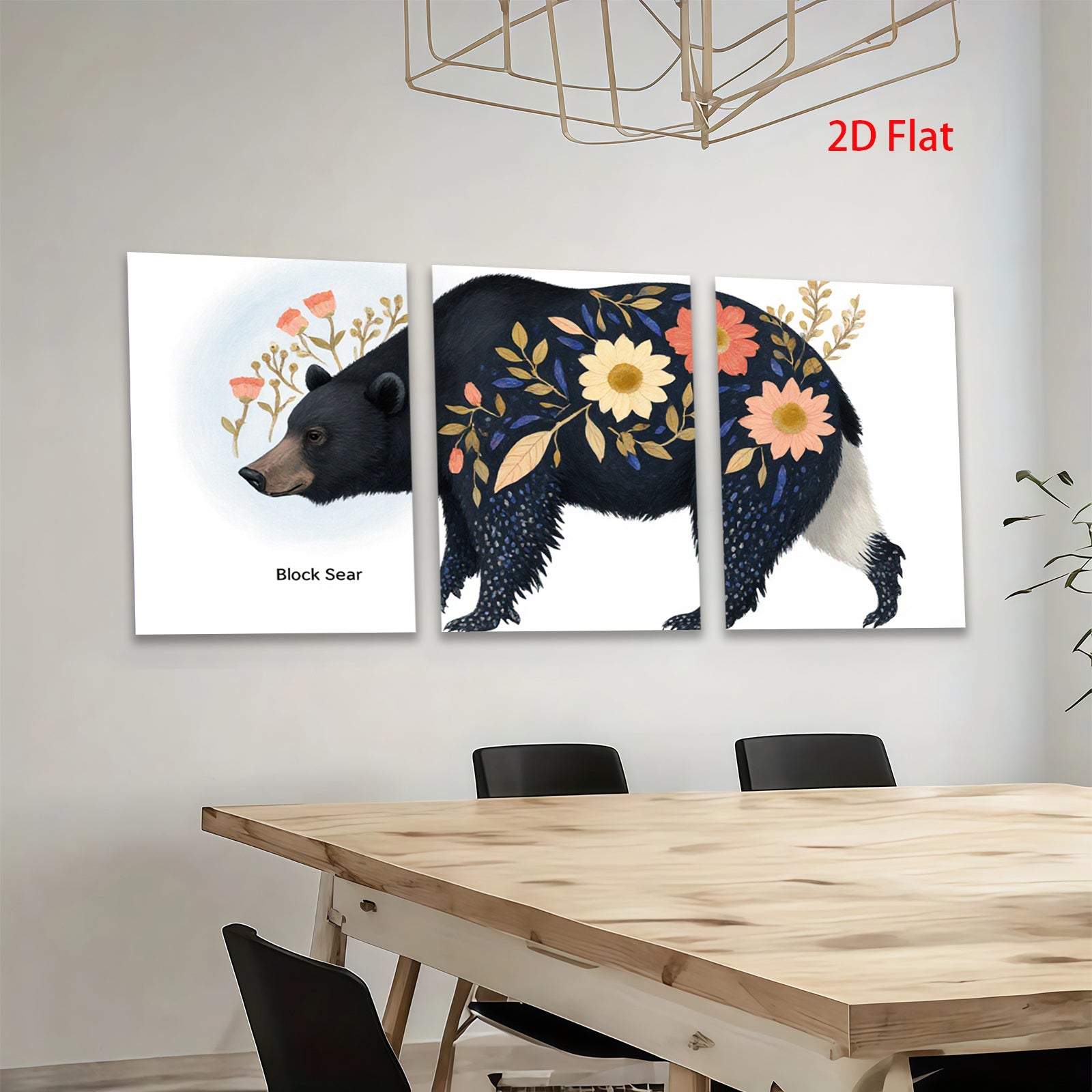 2D flat 1pc Floral Black Bear Painting Wild Animal Art Modern Farmhouse Decor Living Room Bedroom Wall Art Canvas Prints Cozy Rustic Home D��cor