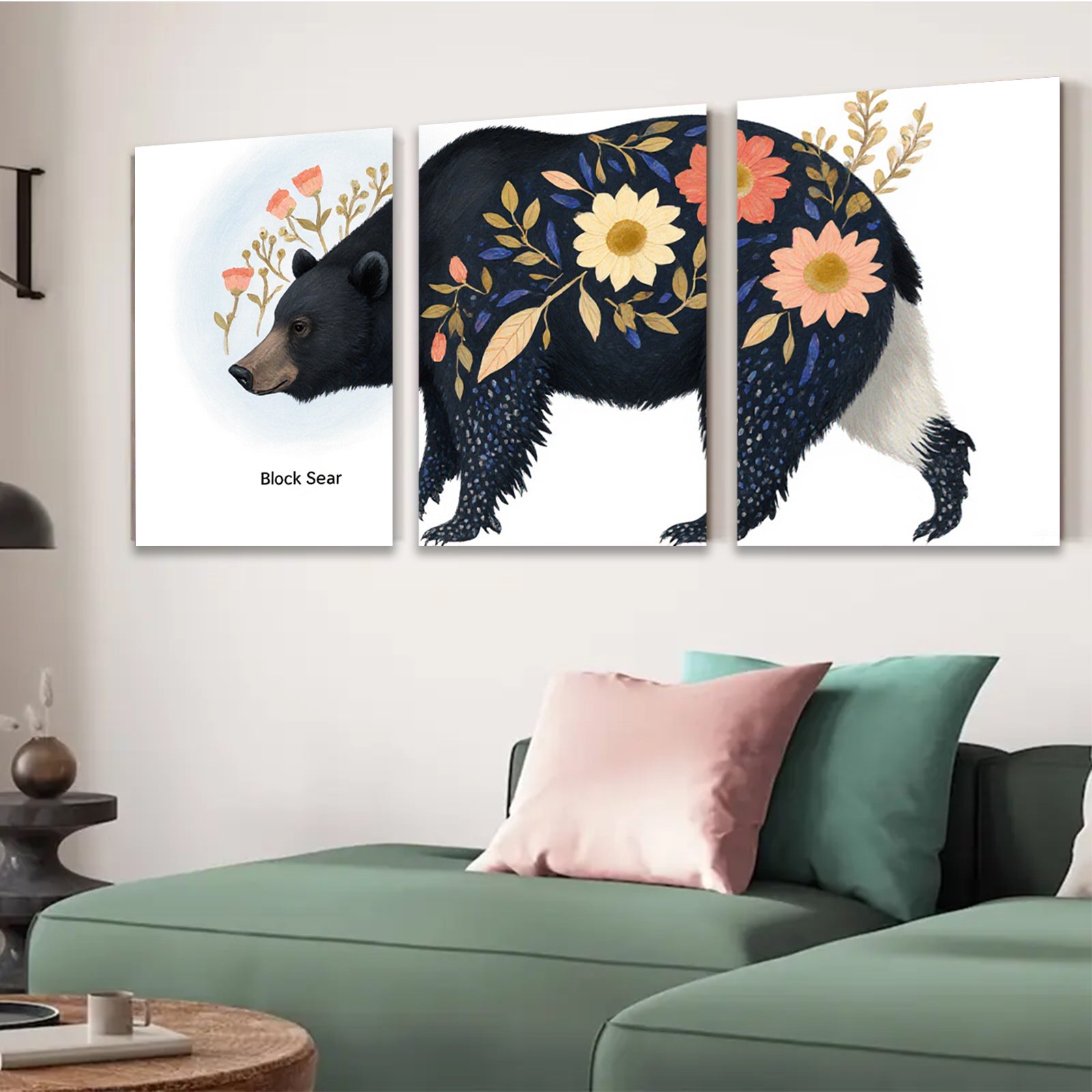 2D flat 1pc Floral Black Bear Painting Wild Animal Art Modern Farmhouse Decor Living Room Bedroom Wall Art Canvas Prints Cozy Rustic Home D��cor