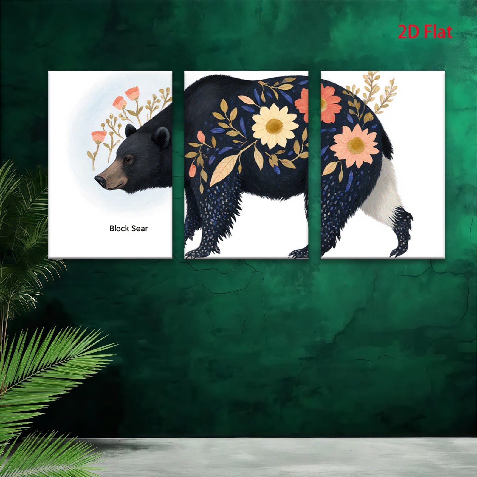 2D flat 1pc Floral Black Bear Painting Wild Animal Art Modern Farmhouse Decor Living Room Bedroom Wall Art Canvas Prints Cozy Rustic Home D��cor