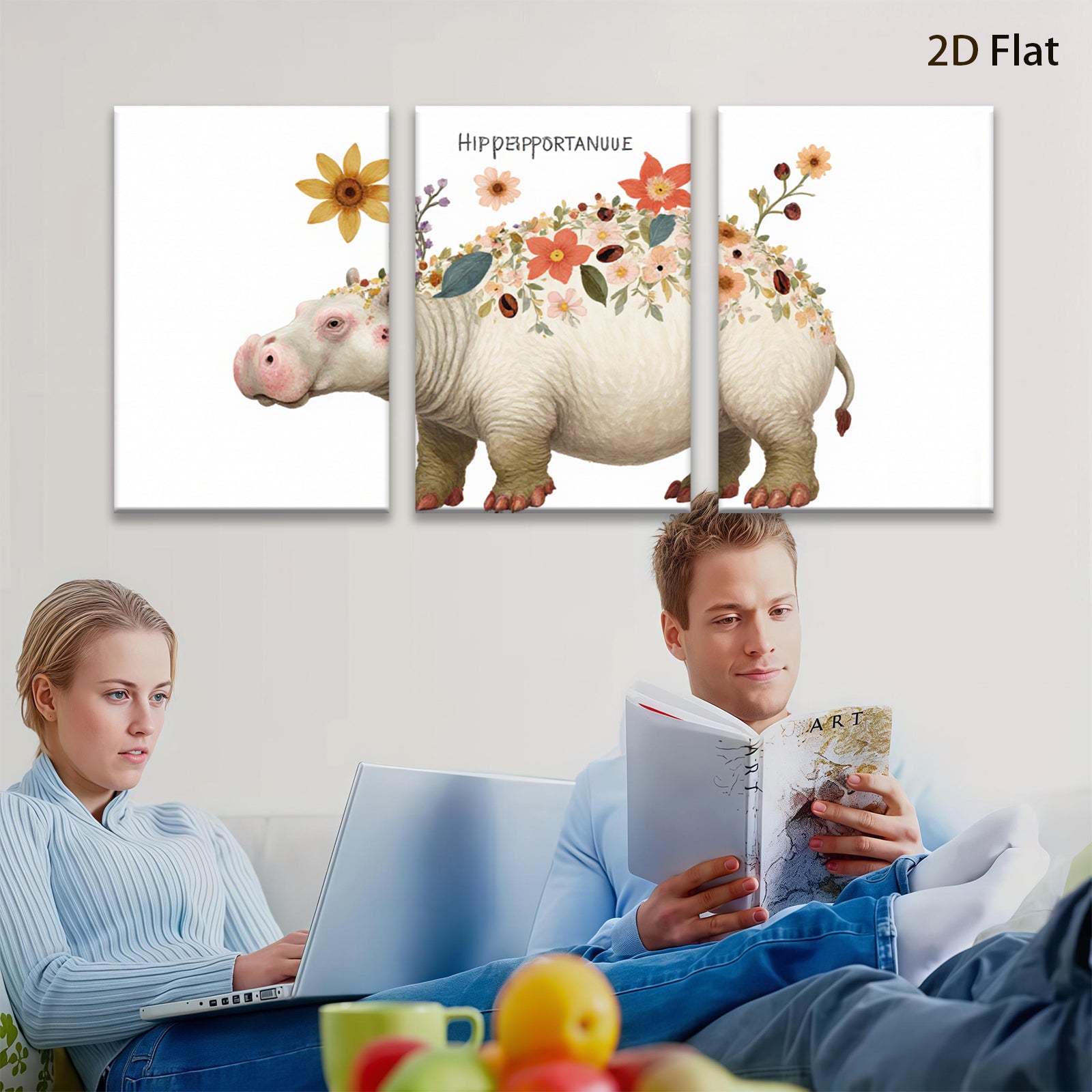 2D flat 1pc Floral Hippopotamus Wall Art Canvas Prints for Living Room Bedroom Decor Farmhouse Style Modern Aesthetic Gallery Wrapped Ready to Hang