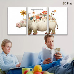 2D flat 1pc Floral Hippopotamus Wall Art Canvas Prints for Living Room Bedroom Decor Farmhouse Style Modern Aesthetic Gallery Wrapped Ready to Hang