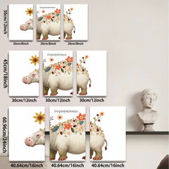 2D flat 1pc Floral Hippopotamus Wall Art Canvas Prints for Living Room Bedroom Decor Farmhouse Style Modern Aesthetic Gallery Wrapped Ready to Hang