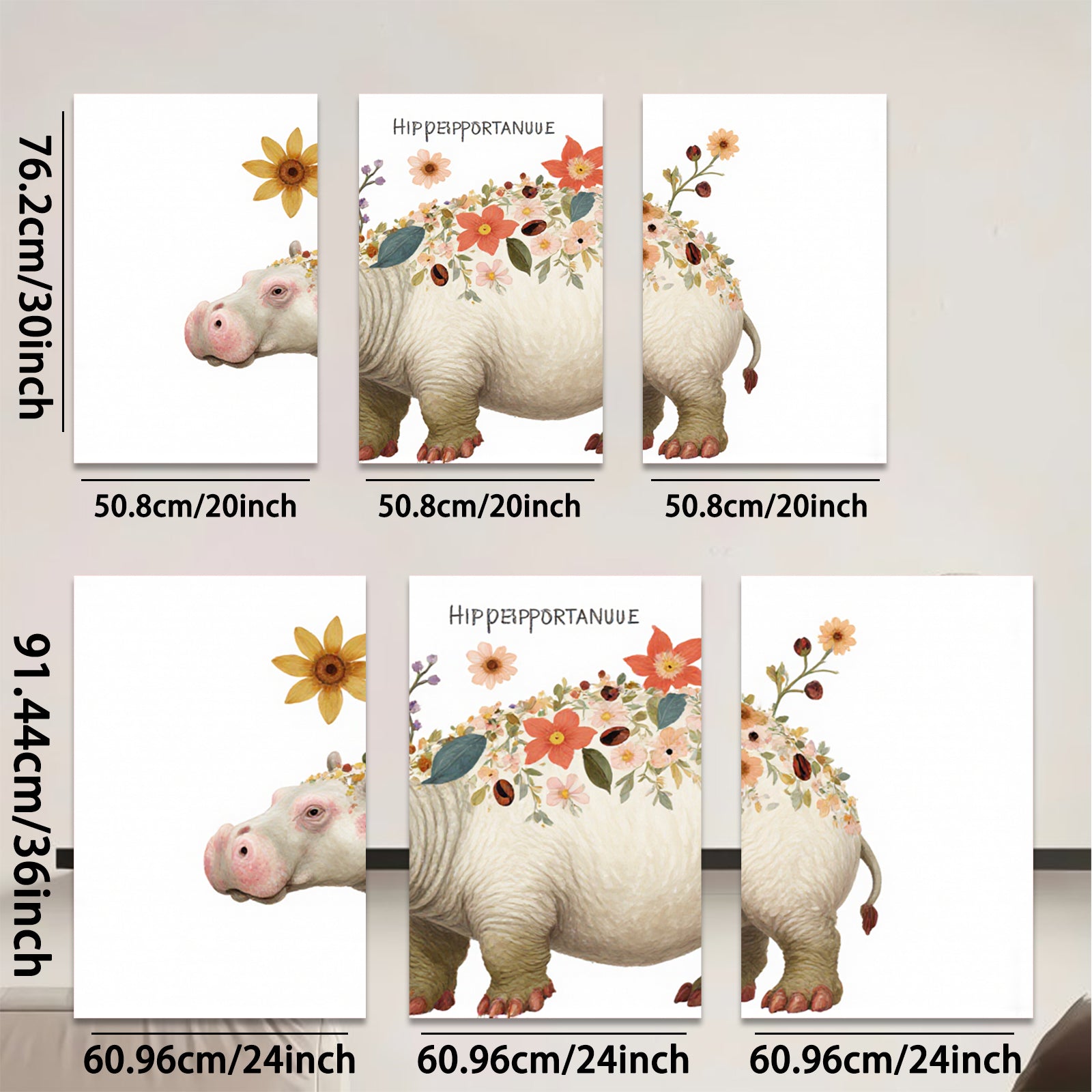 2D flat 1pc Floral Hippopotamus Wall Art Canvas Prints for Living Room Bedroom Decor Farmhouse Style Modern Aesthetic Gallery Wrapped Ready to Hang