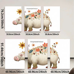 2D flat 1pc Floral Hippopotamus Wall Art Canvas Prints for Living Room Bedroom Decor Farmhouse Style Modern Aesthetic Gallery Wrapped Ready to Hang