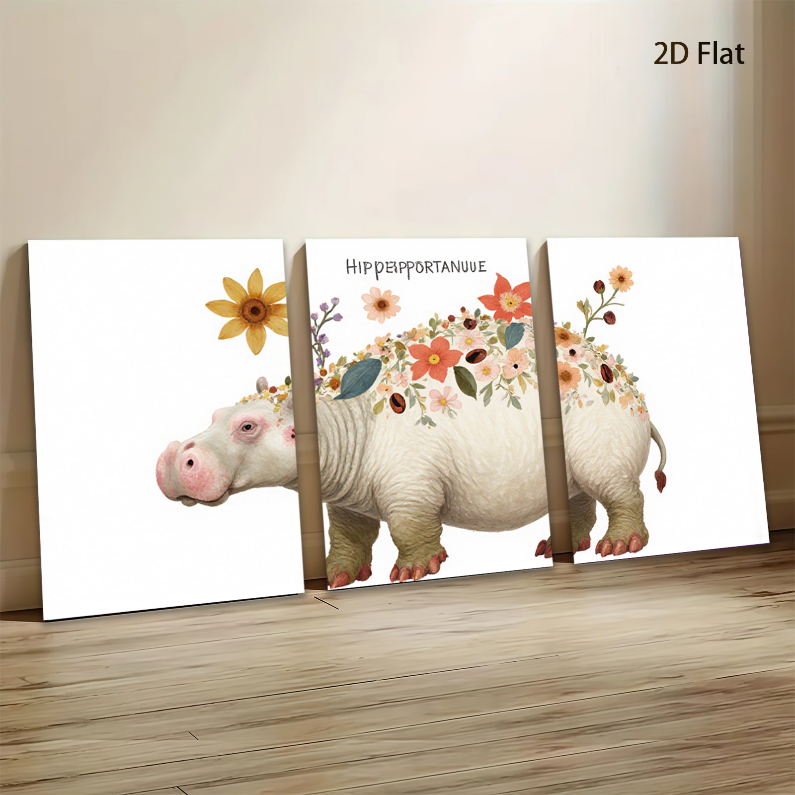 2D flat 1pc Floral Hippopotamus Wall Art Canvas Prints for Living Room Bedroom Decor Farmhouse Style Modern Aesthetic Gallery Wrapped Ready to Hang