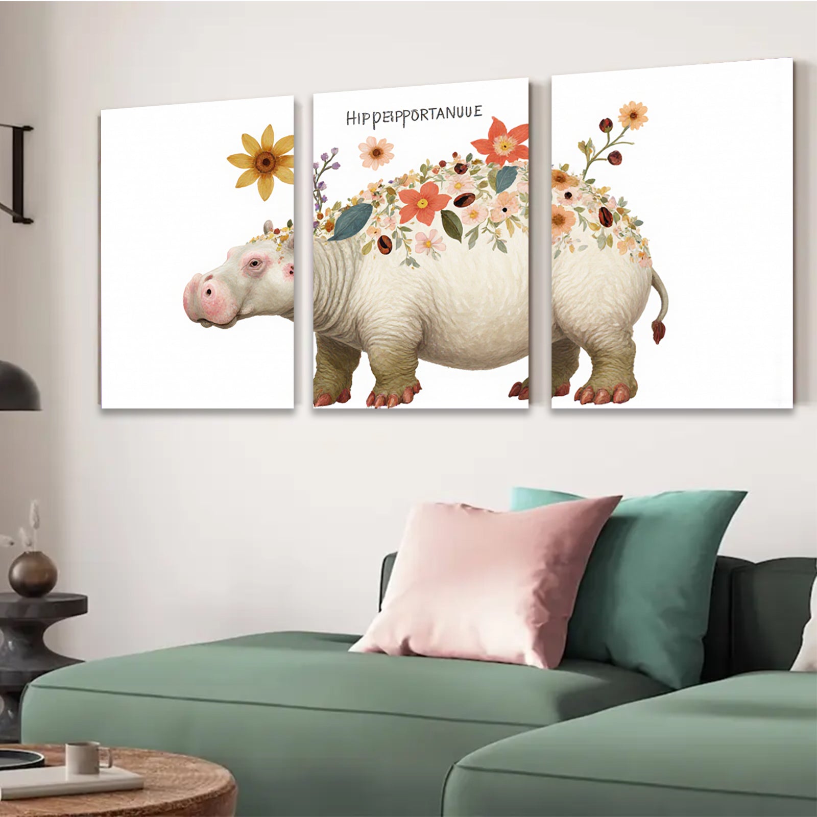 2D flat 1pc Floral Hippopotamus Wall Art Canvas Prints for Living Room Bedroom Decor Farmhouse Style Modern Aesthetic Gallery Wrapped Ready to Hang