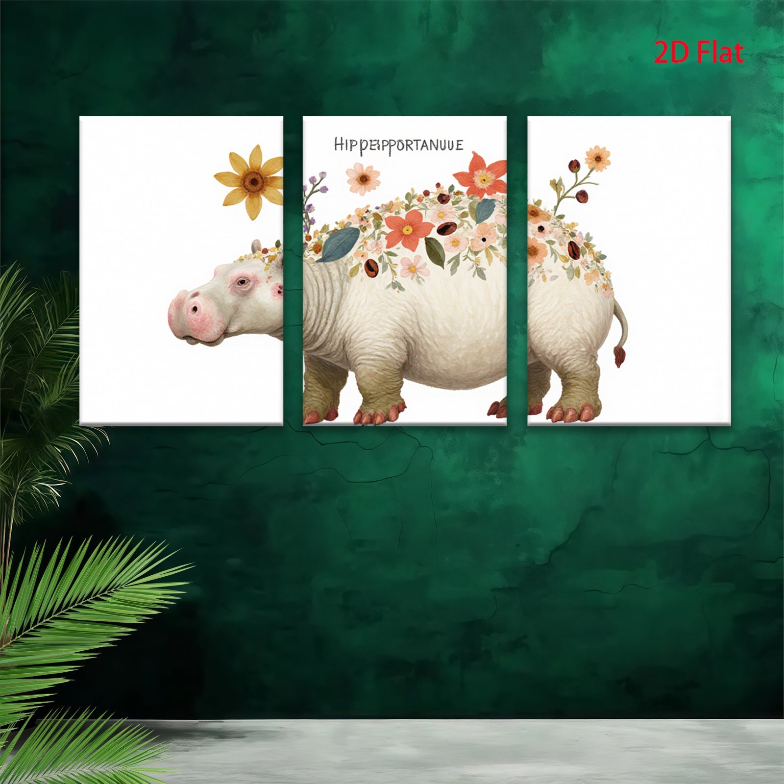 2D flat 1pc Floral Hippopotamus Wall Art Canvas Prints for Living Room Bedroom Decor Farmhouse Style Modern Aesthetic Gallery Wrapped Ready to Hang