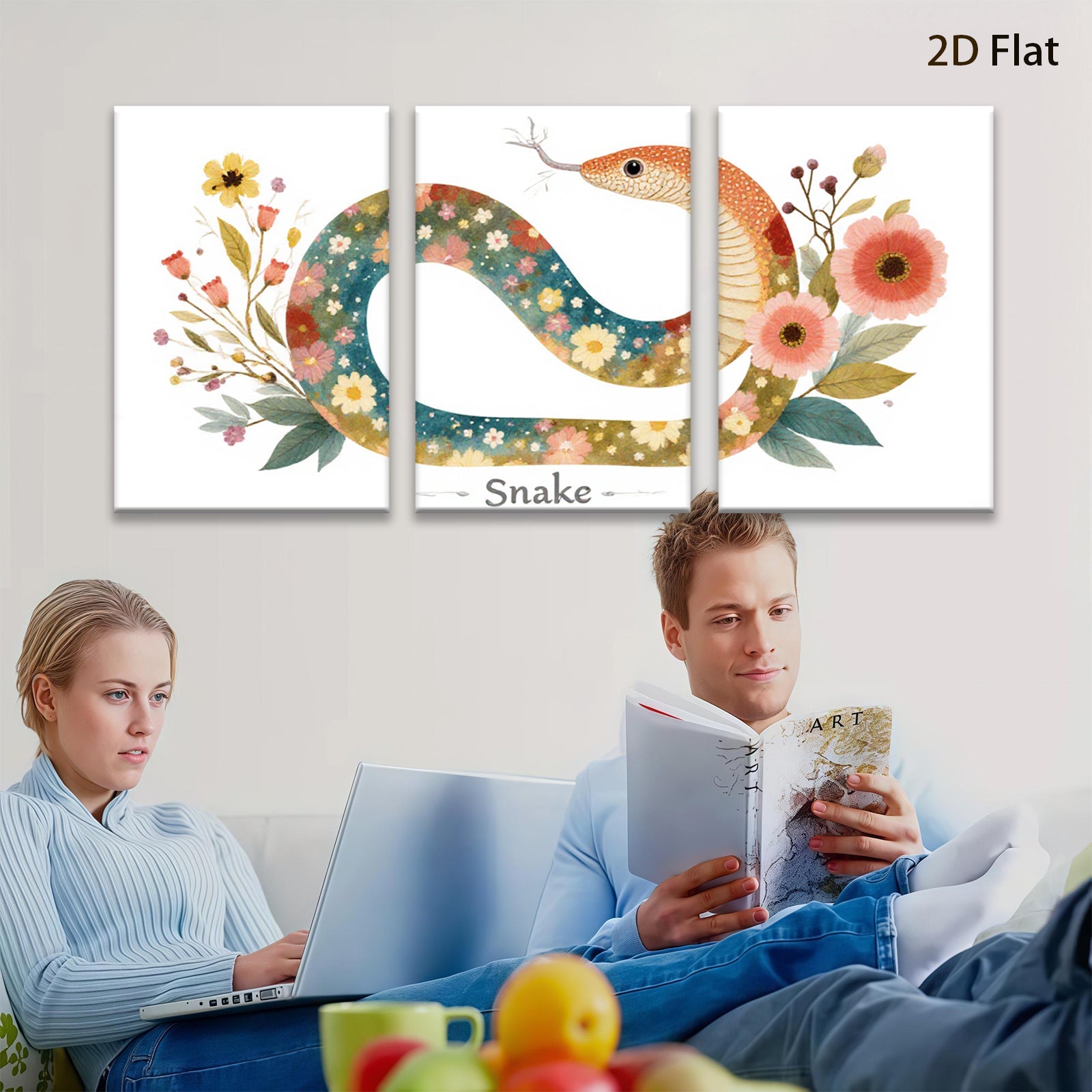 2D flat 1pc Floral Painted Snake Wall Art Decor for Living Room Bedroom Gallery Wrapped Canvas Prints Modern Farmhouse Style Aesthetic Room Decor