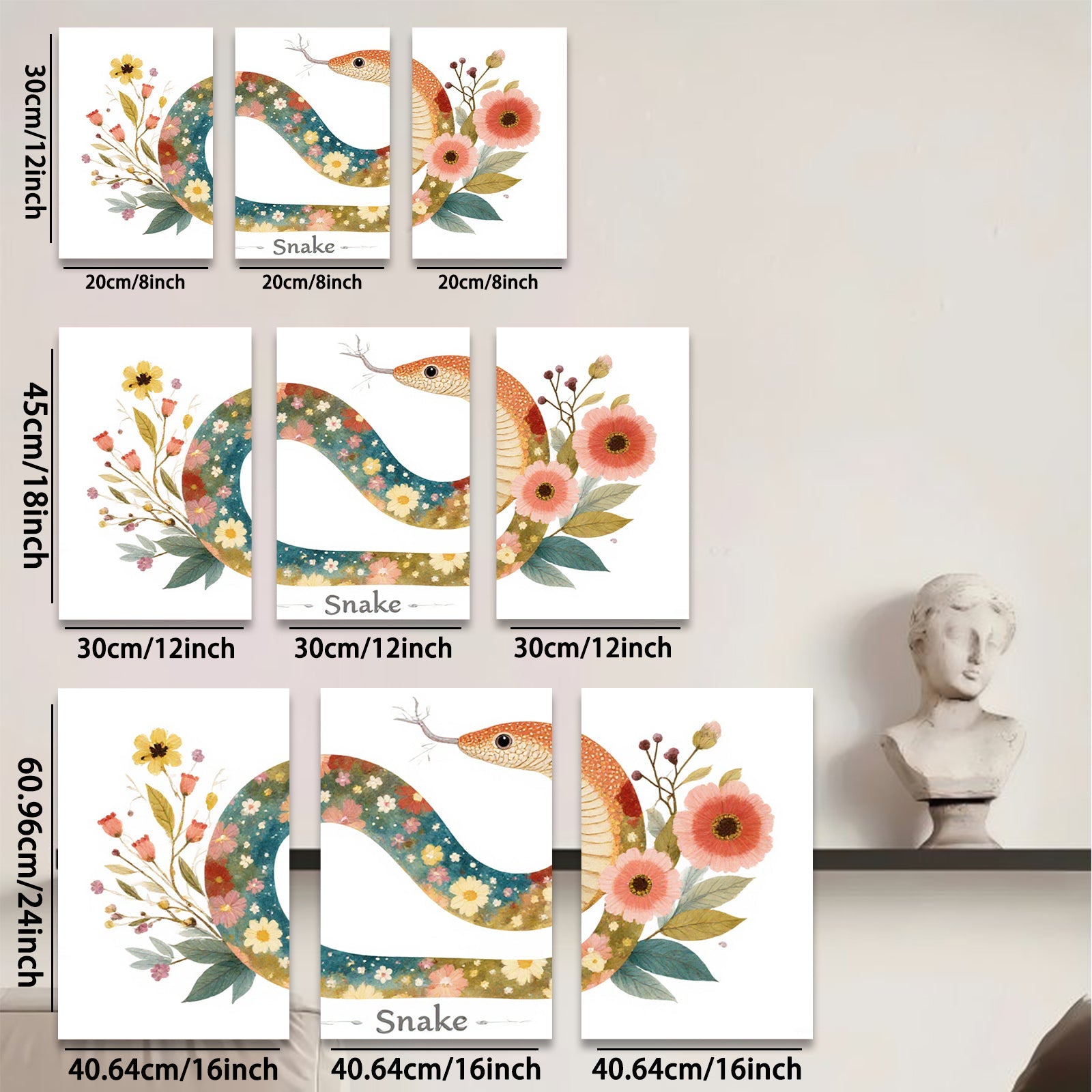 2D flat 1pc Floral Painted Snake Wall Art Decor for Living Room Bedroom Gallery Wrapped Canvas Prints Modern Farmhouse Style Aesthetic Room Decor
