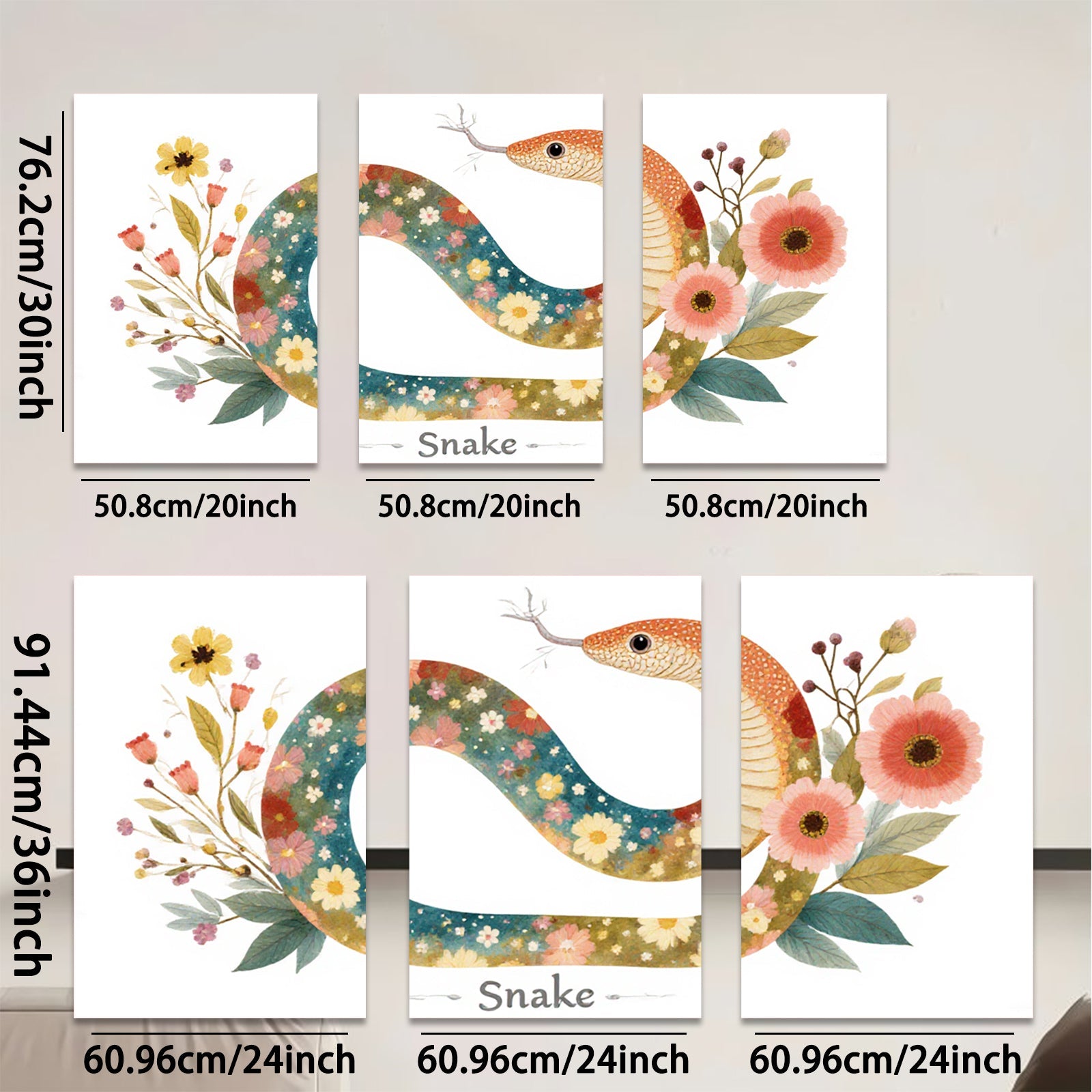 2D flat 1pc Floral Painted Snake Wall Art Decor for Living Room Bedroom Gallery Wrapped Canvas Prints Modern Farmhouse Style Aesthetic Room Decor