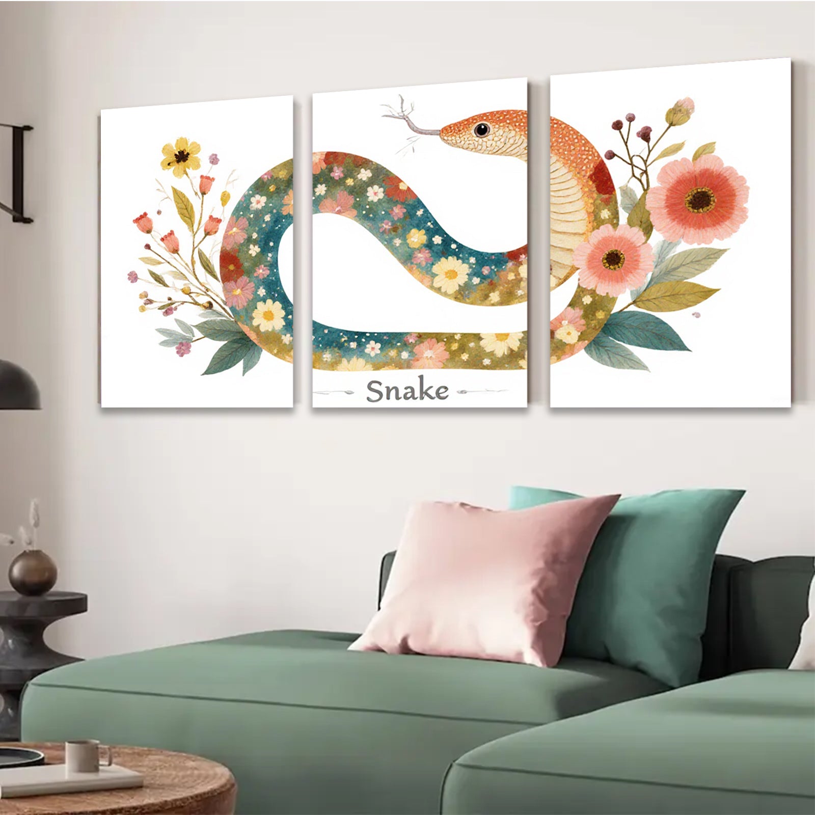 2D flat 1pc Floral Painted Snake Wall Art Decor for Living Room Bedroom Gallery Wrapped Canvas Prints Modern Farmhouse Style Aesthetic Room Decor